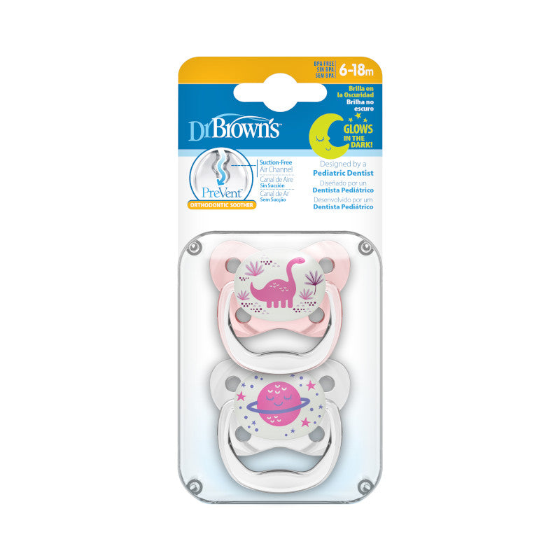 DR. BROWN'S PreVent Contoured Glow-in-the-Dark Pacifiers, Assorted Stages/Colors, 2-Pack