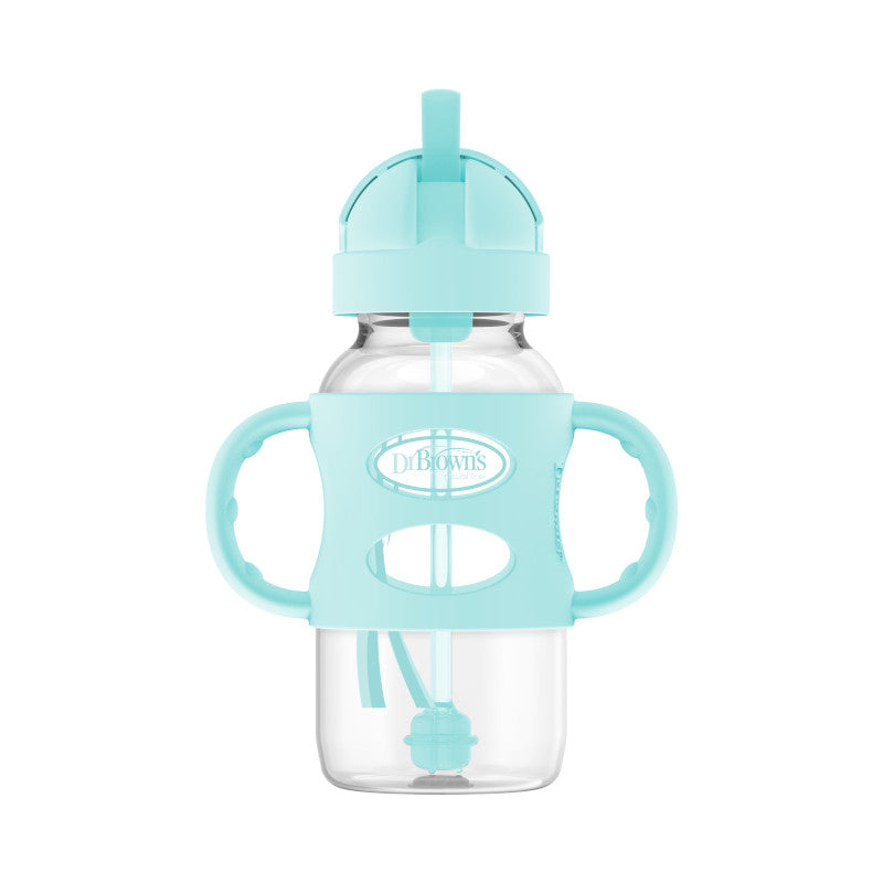 Dr Brown's Milestones Wide Neck PP Sippy Straw Bottle w/ Silicone Handles, 270ml, Assorted Designs