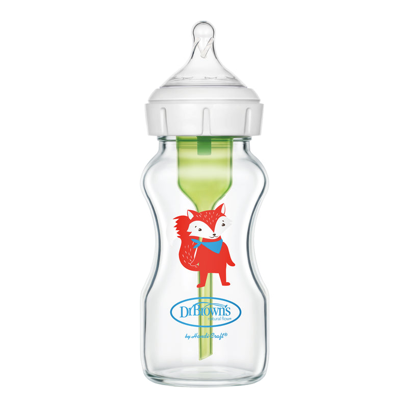 DR. BROWN'S Options+ Wide Neck Glass Bottle w/L3 Nipple, Fox, 270ml, 1-Pack