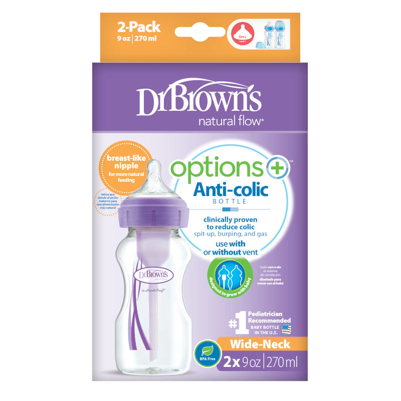 DR. BROWN'S Options+ Wide Neck Bottle, 270ml, 2-Pack, Assorted Colors